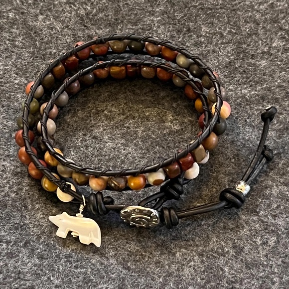 Double Wrap Leather Bracelet - Red Creek Jasper, Artisan Clasp, Bear Charm - Picture 3 of 11